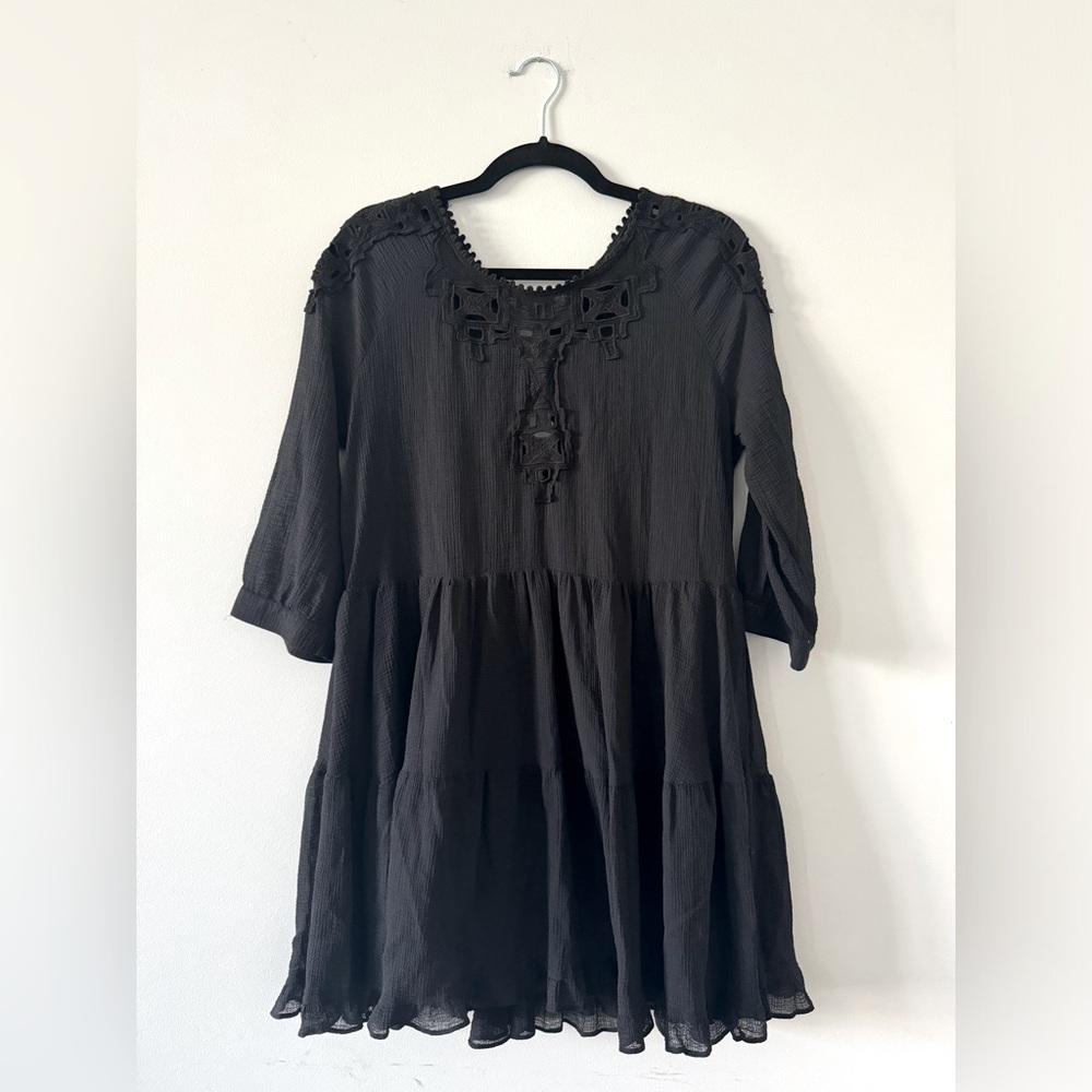 Free People Black Lace & Embroidery Sheer Dress M Like New